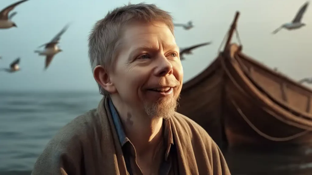 Meister der Meditation und Achtsamkeit Eckhart Tolle in mittelalterlicher Tracht vor einem Boot