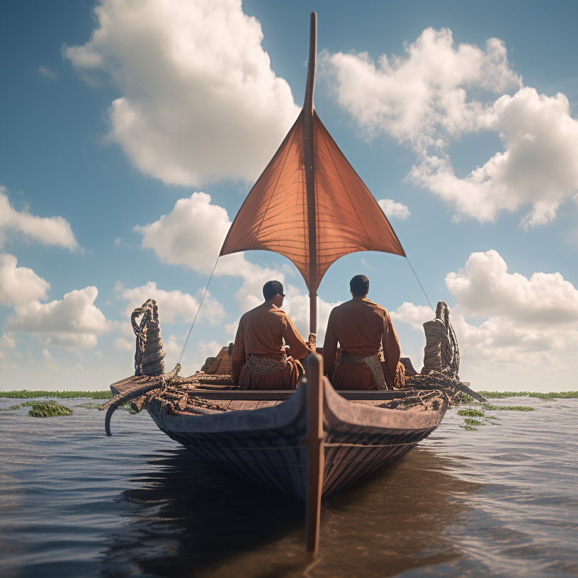 Mönche und Meister der Meditation und Achtsamkeit auf einem Boot setzten die Segel