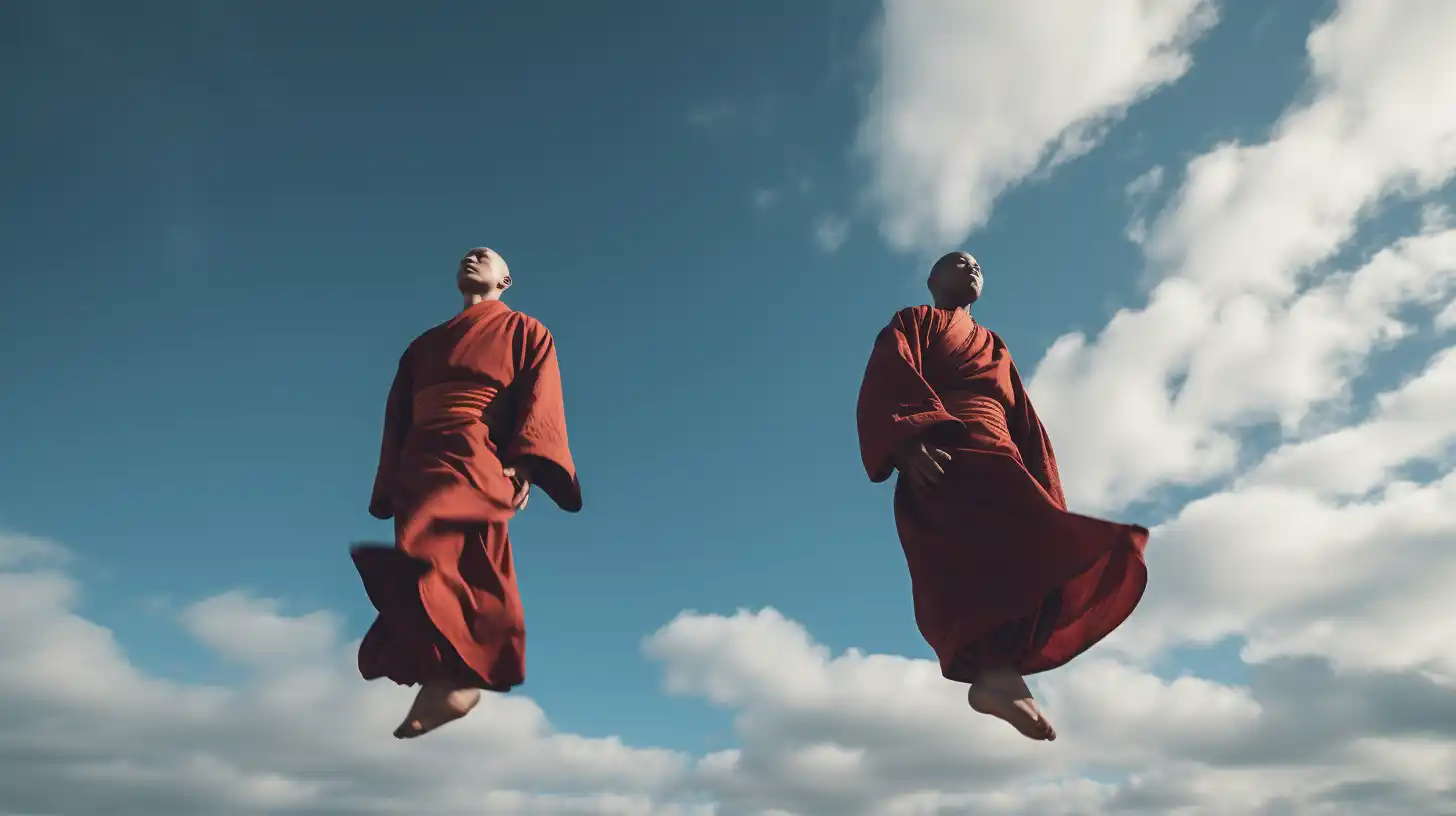 Ohne Ängste fliegen zwei Mönche als Meister der Meditation und Achtsamkeit durch die Luft