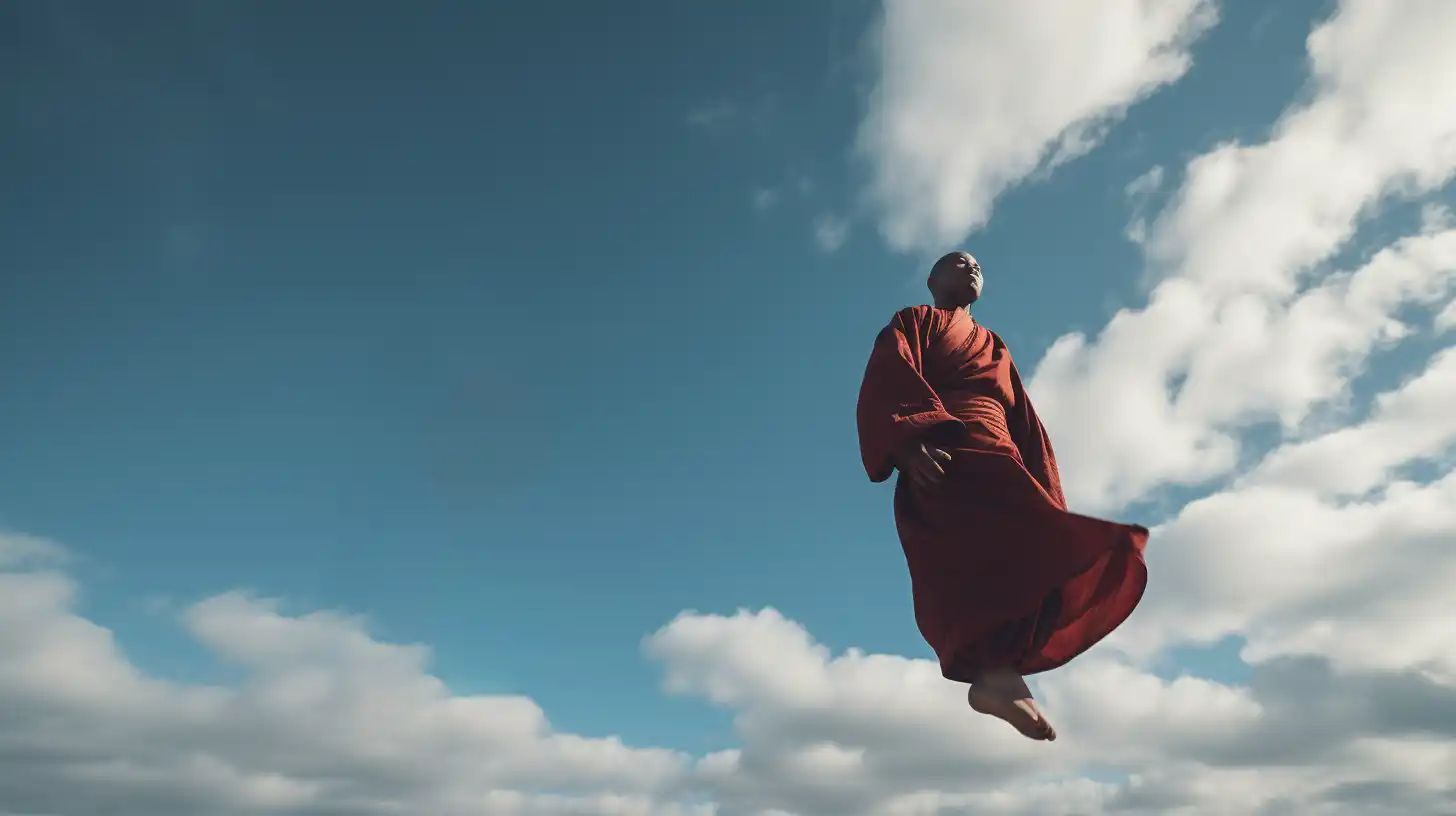 Ohne Ängste fliegt ein Mönch als Meister der Meditation und Achtsamkeit durch die Luft