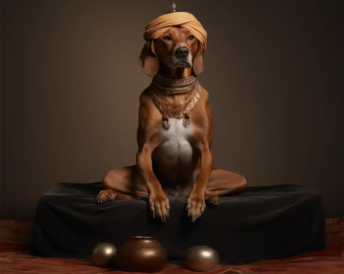 Hund in Yoga-Pose und indischer Gewänder auf Sitzkissen für Yoga oder Yogasitzkissen