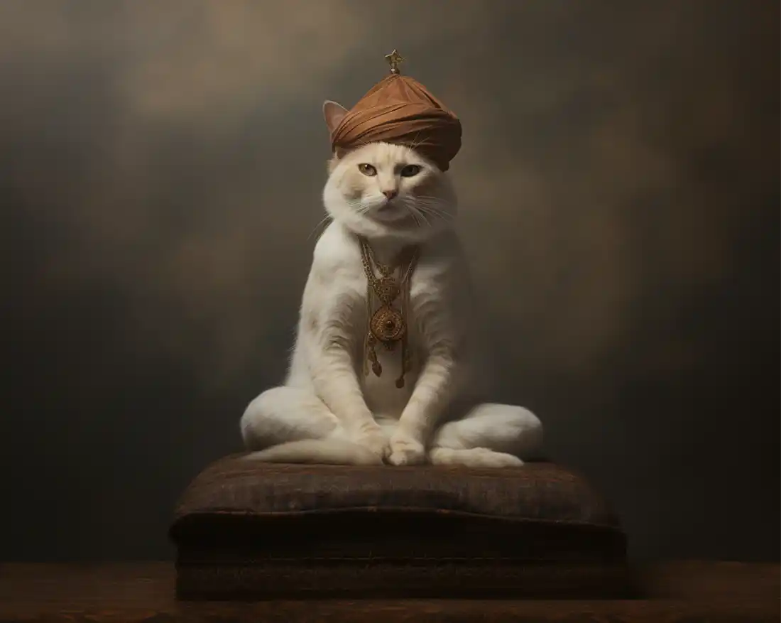 Katze in Yoga-Pose und indischer Gewänder auf Sitzkissen für Yoga