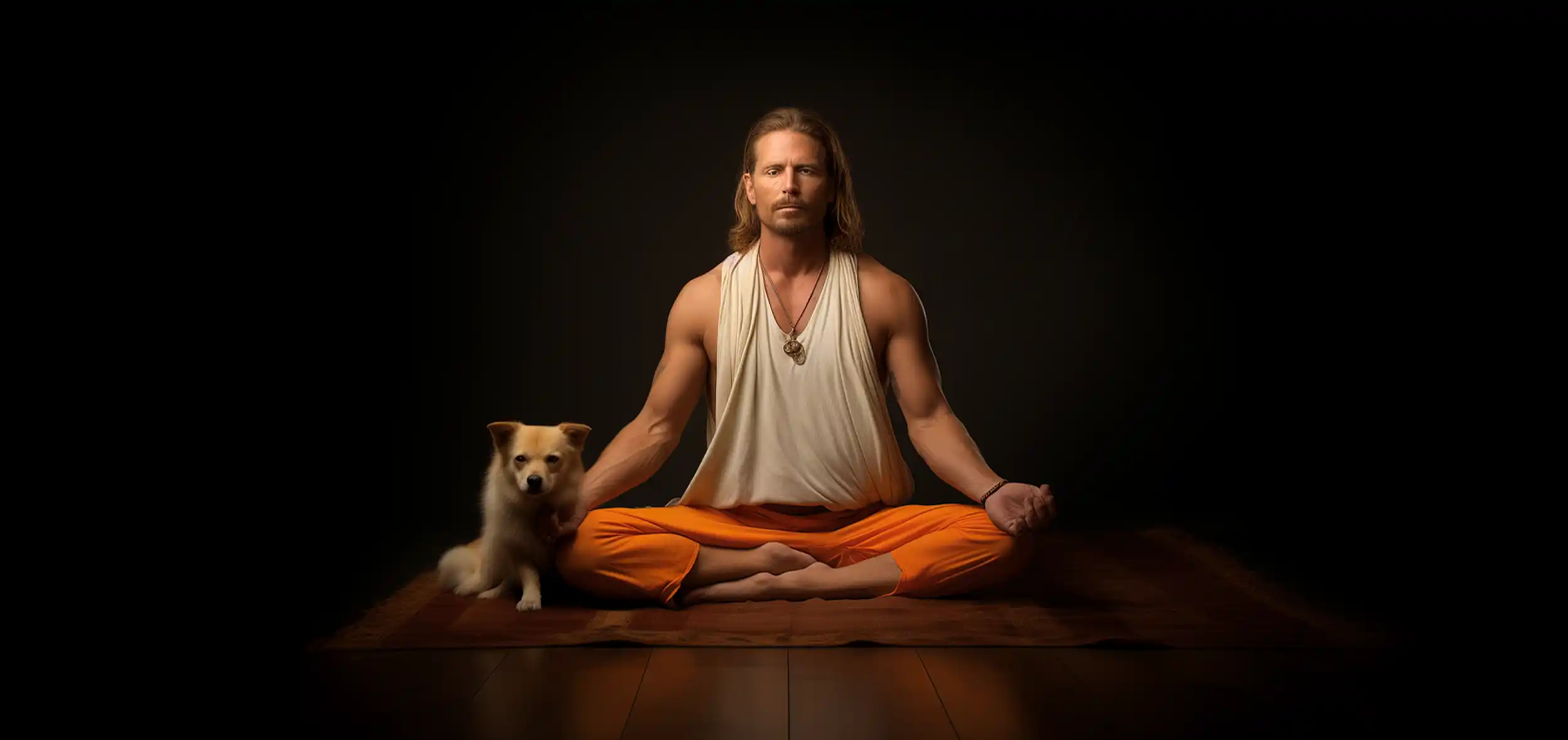 Schauspieler mit Hund meditierend in Yogaraum, sitzend auf Sitzkissen für Yoga