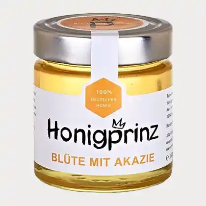 Bild zur Verlinkung zu Amazon mit dem Motiv Akazienhonig kaufen. Produktshot: Honig von Honigprinz