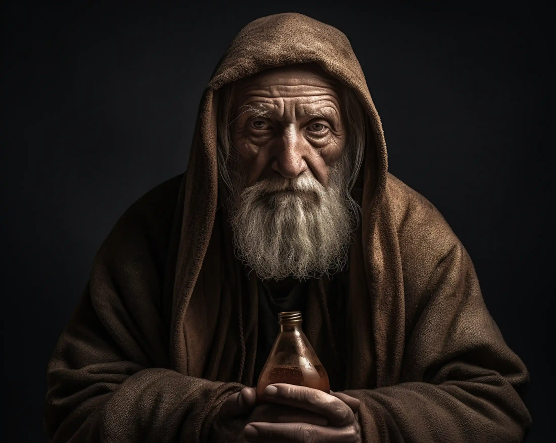Alter Mann mit Bart vor dunklem Hintergrund hält eine Flasche in den Händen in der sich Kaltgepresstes Olivenöl und Olivenöl extra vergine befindet