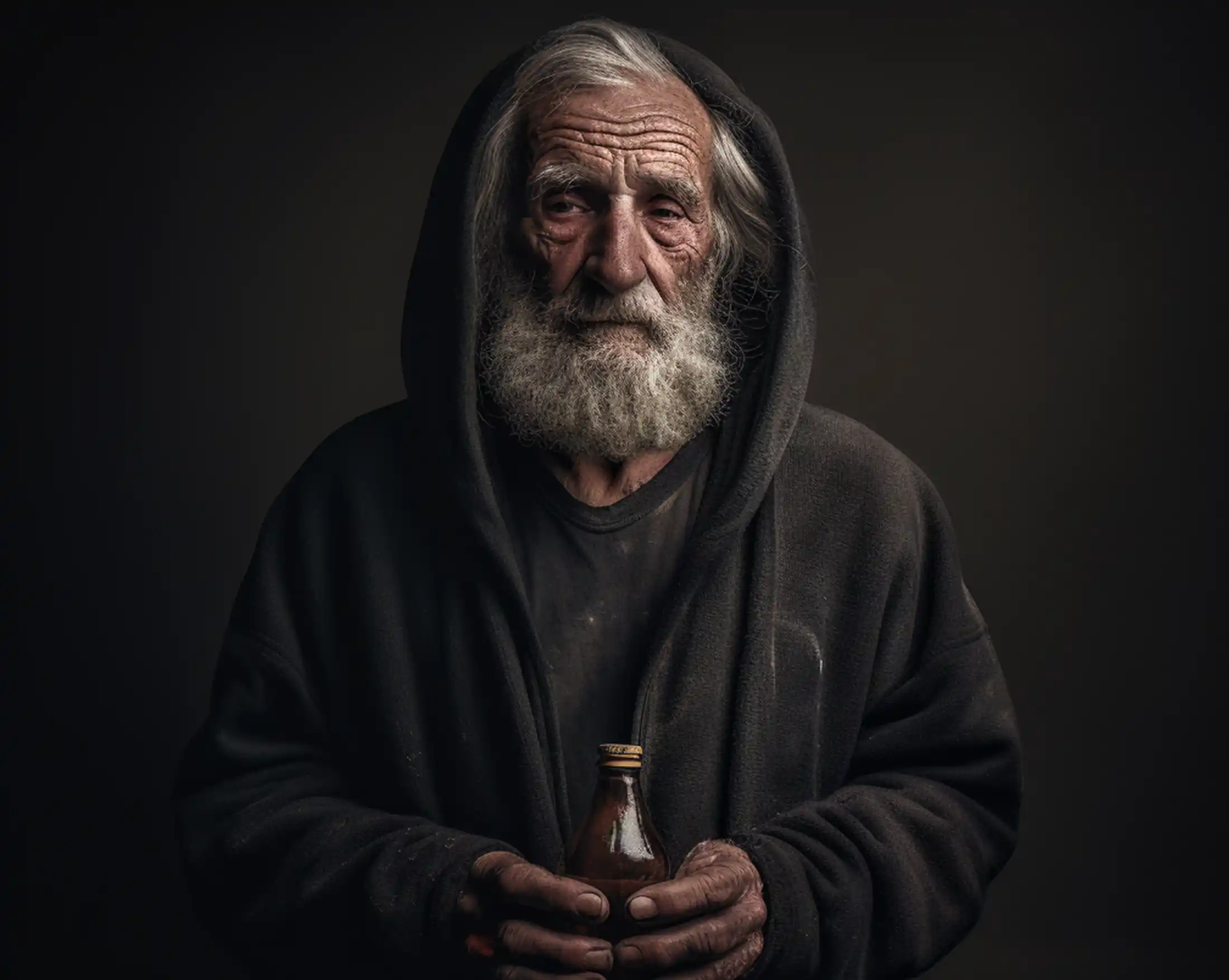 Alter Mann vor dunklem Hintergrund hält eine Flasche in den Händen in der sich Kaltgepresstes Olivenöl und Olivenöl extra vergine befindet