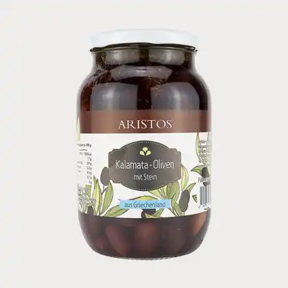Aristos, Kalamata Oliven im Glas, Productshot, grauer Hintergrund