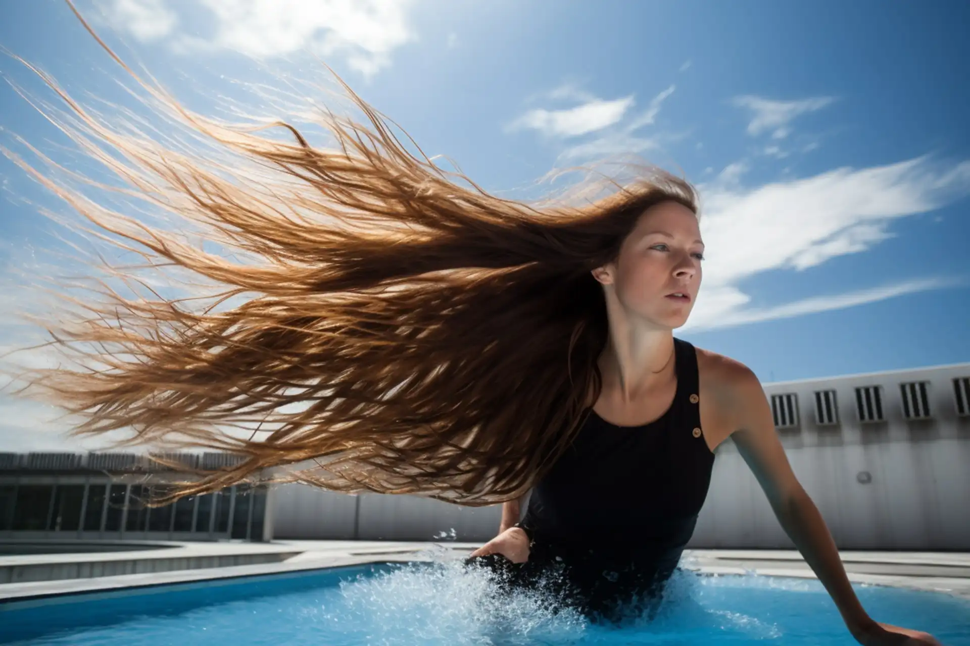 Frau mit langen Haaren in einem Swimming Pool