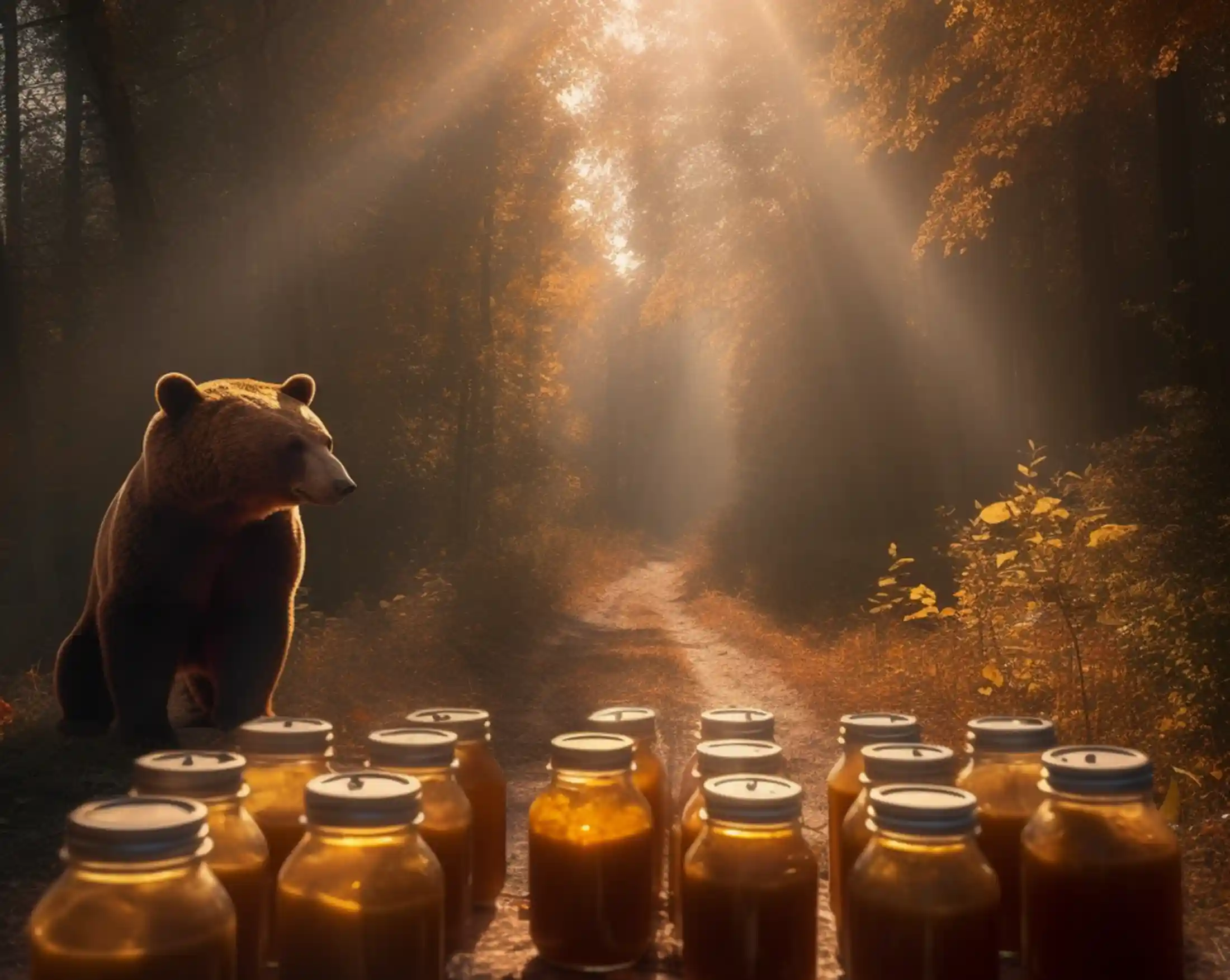 Bär auf Waldweg. Vor dem Tier sind Gläser mit Honig, Waldhonig und Waldblütenhonig