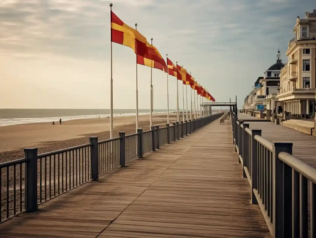 Flaggen am Strand von Holland, Promenade mit Filialie von Aldi und Rossmann
