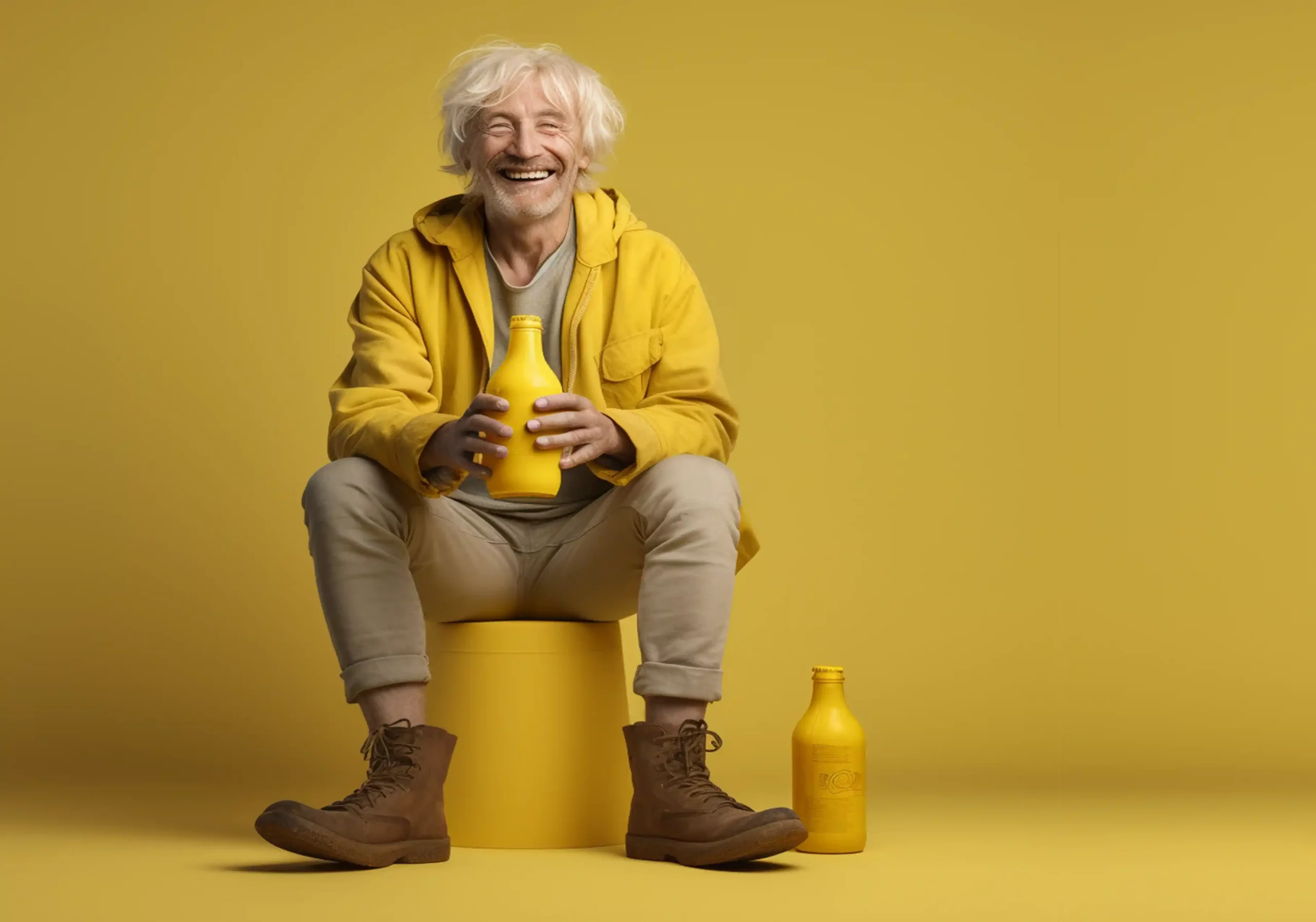 Mann mit grauen Haaren und Flasche in Gelb, worin sich gefärbte Oliven befinden