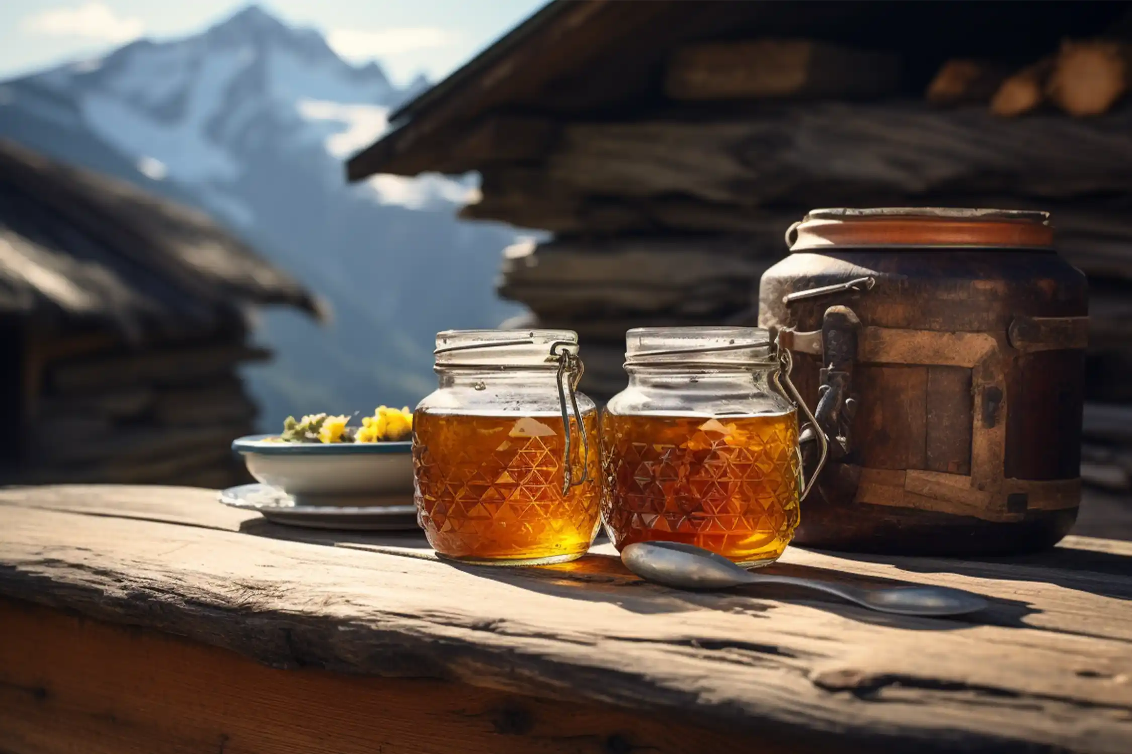 Tisch auf Alpenhütte mit Honiggläsern mit Honig und Bio Honig, Sommertag