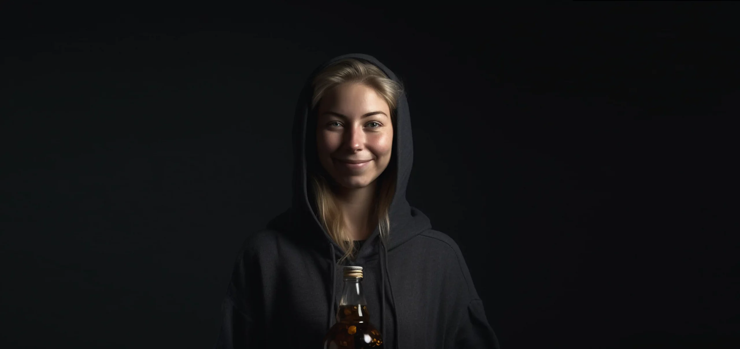 Junge Frau mit rundem Gesicht lächelnd vor dunklem Hintergrund hält eine Flasche in den Händen in der sich Kaltgepresstes Olivenöl und Olivenöl extra vergine befindet