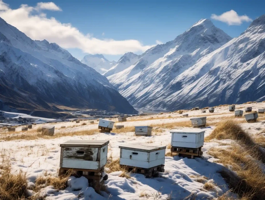 Heimat von Manuika Honig in Neuseeland, Schnee liegt in den Bergen, in der Entfernung ist ein Aldi und Rossmann Schild