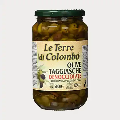 ligurische Oliven, Taggiasca Oliven (Taggiasche) in einem Glas, Marke: Le Terre di Colombo, 500 gr, Grauer Hintergrund, Zu kaufen bei Amazon