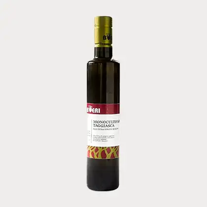 Taggiasca Olivenöl bzw. ligurisches Olivenöl aus Taggiasca Oliven als Productshot, grauer Hintergrund