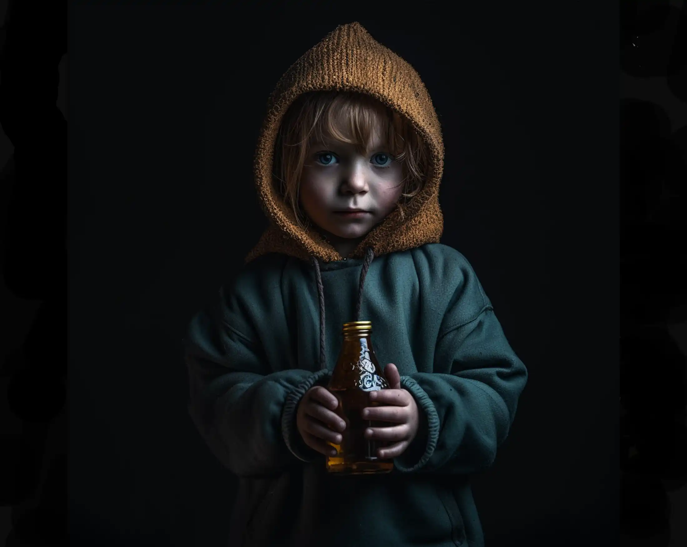 Kleines Mädechen hält eine Flasche in der sich Natives Olivenöl und Olivenöl nativ extra befindet. Studioaufnahme mit dunklem Hintergrund, poetisch