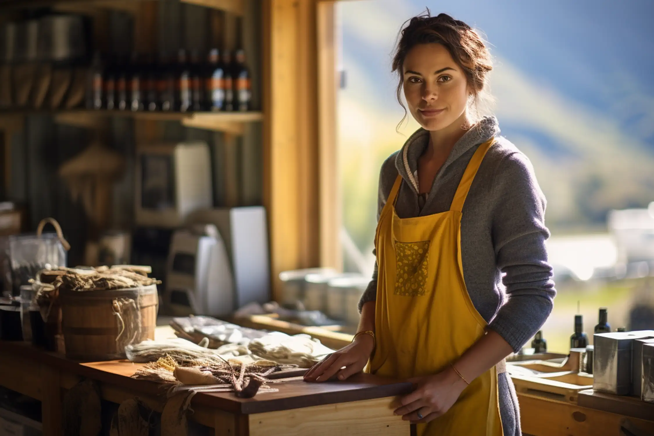 Frau in Neuseeland in einem Geschäft in den Bergen für Manuka Honig