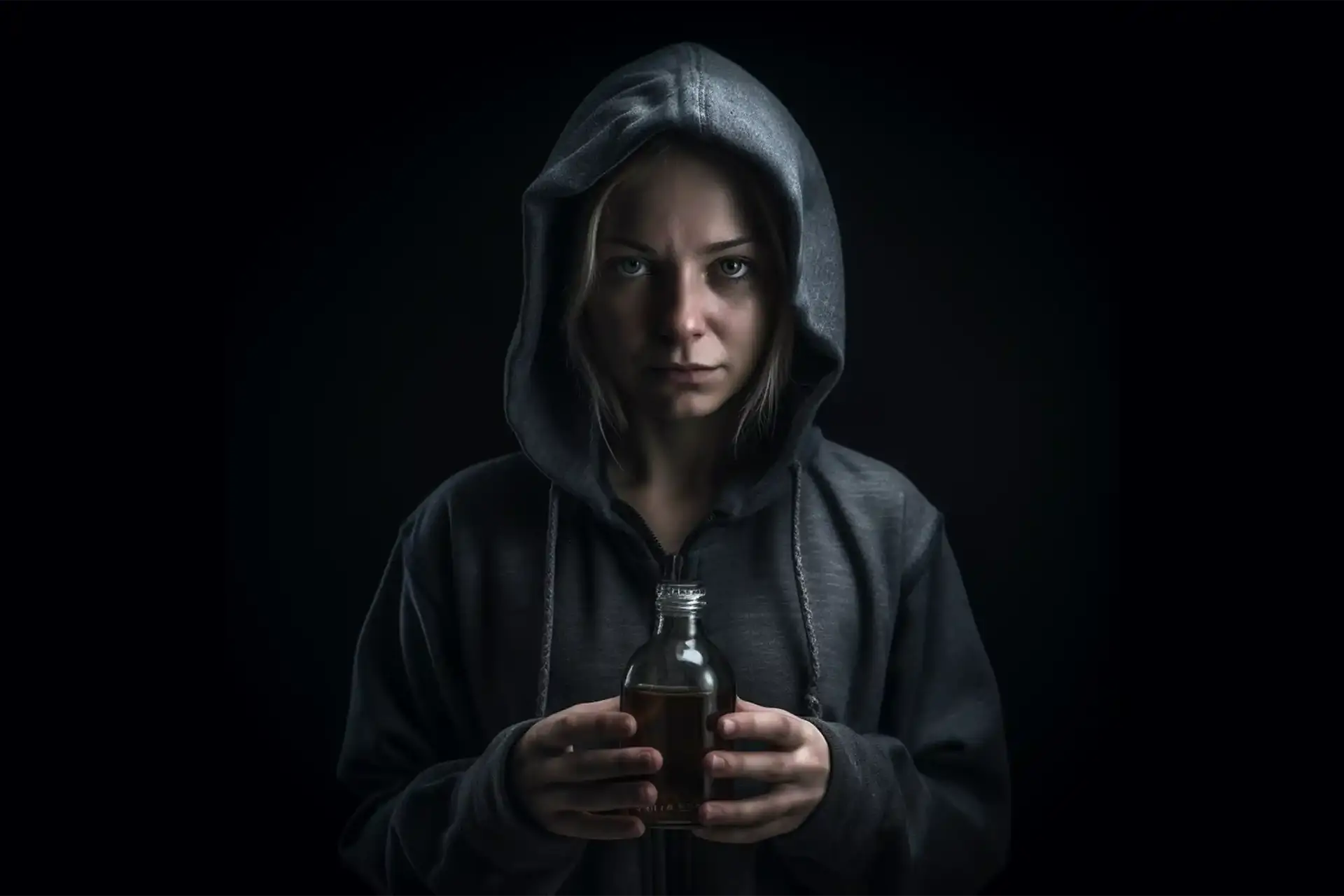 Junge Frau in Nonnenkleidung mit einer Flasche, in der sich Olivenöl befindet