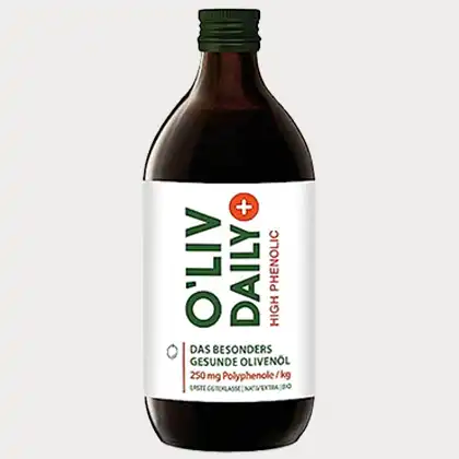 Productshot von O'LLY Daily. Ein gesundes Olivesnöl zum Braten und Kochen.