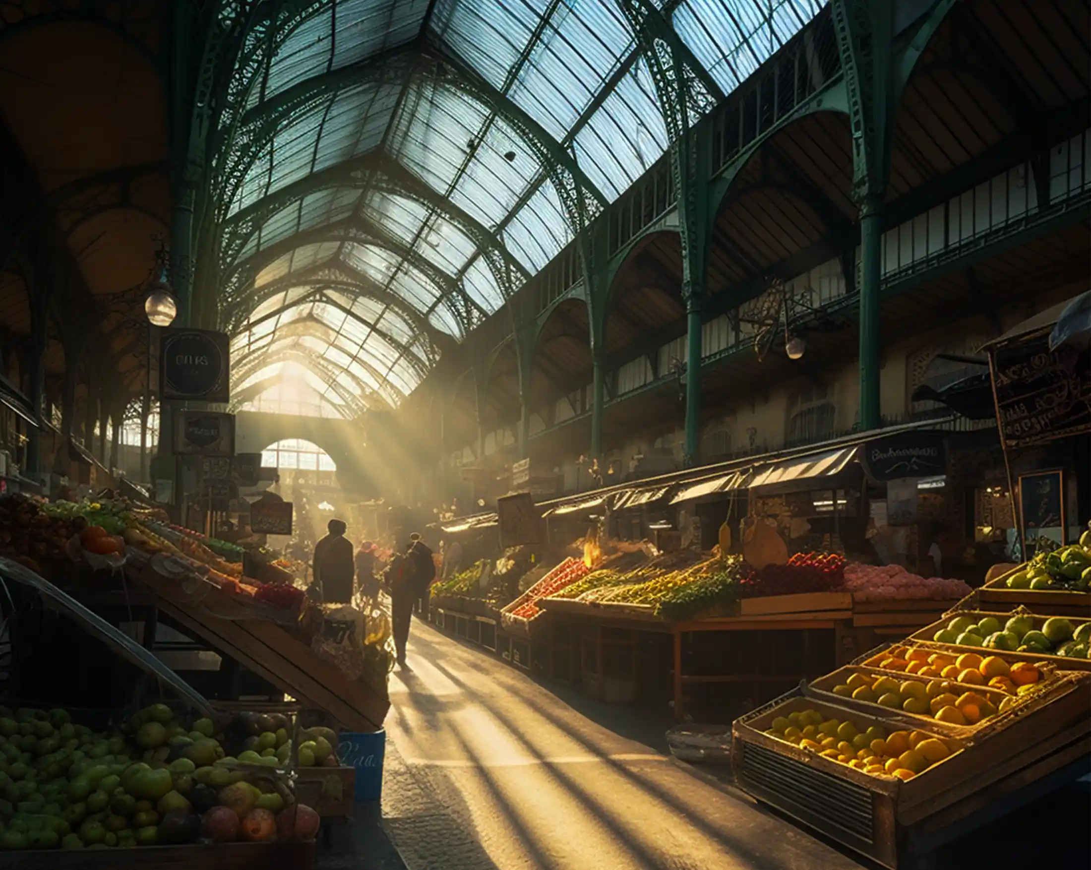 Morgenstimmung. Überdachter Markthalle in Frankreich, Paris. An den Ständen geht es um Oliven kaufen und teilweise auch Olivenöl kaufen.