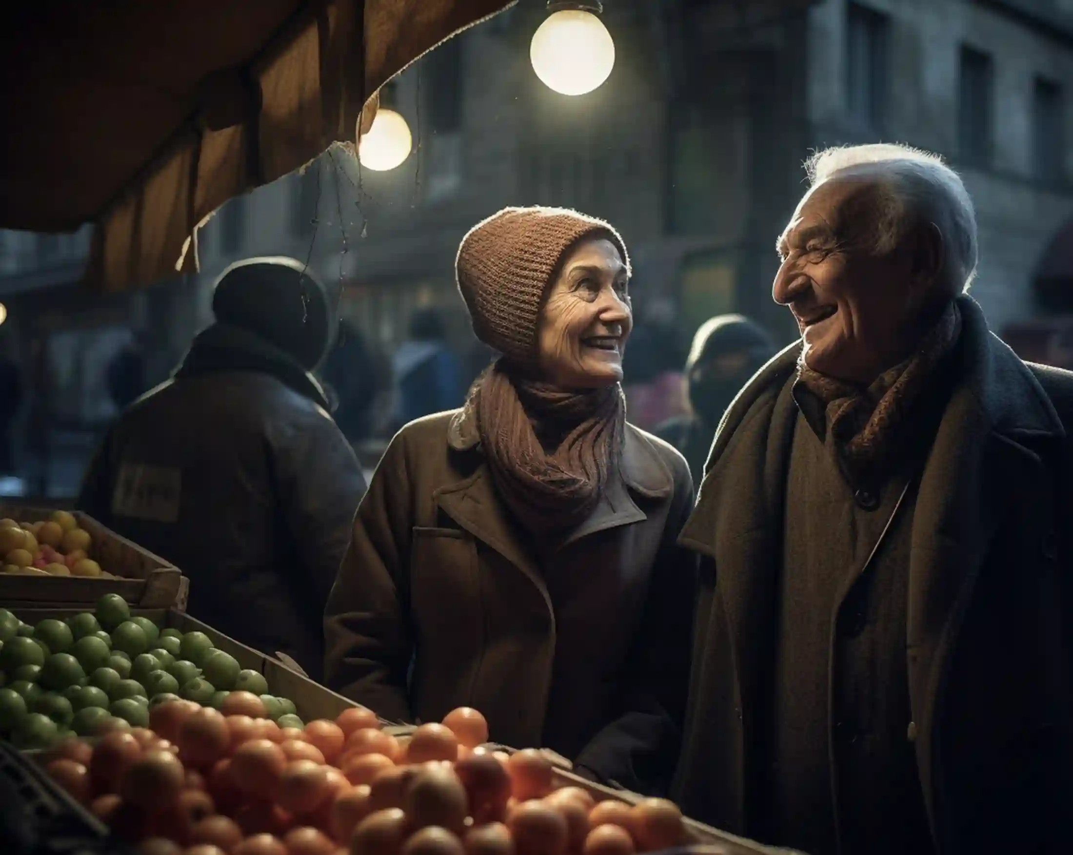 Altes Paar. Abendstimmung. Paris. Sie stehen vor einem Stand und informieren sich zu den Themen Oliven kaufen, Olivenöl kaufen.