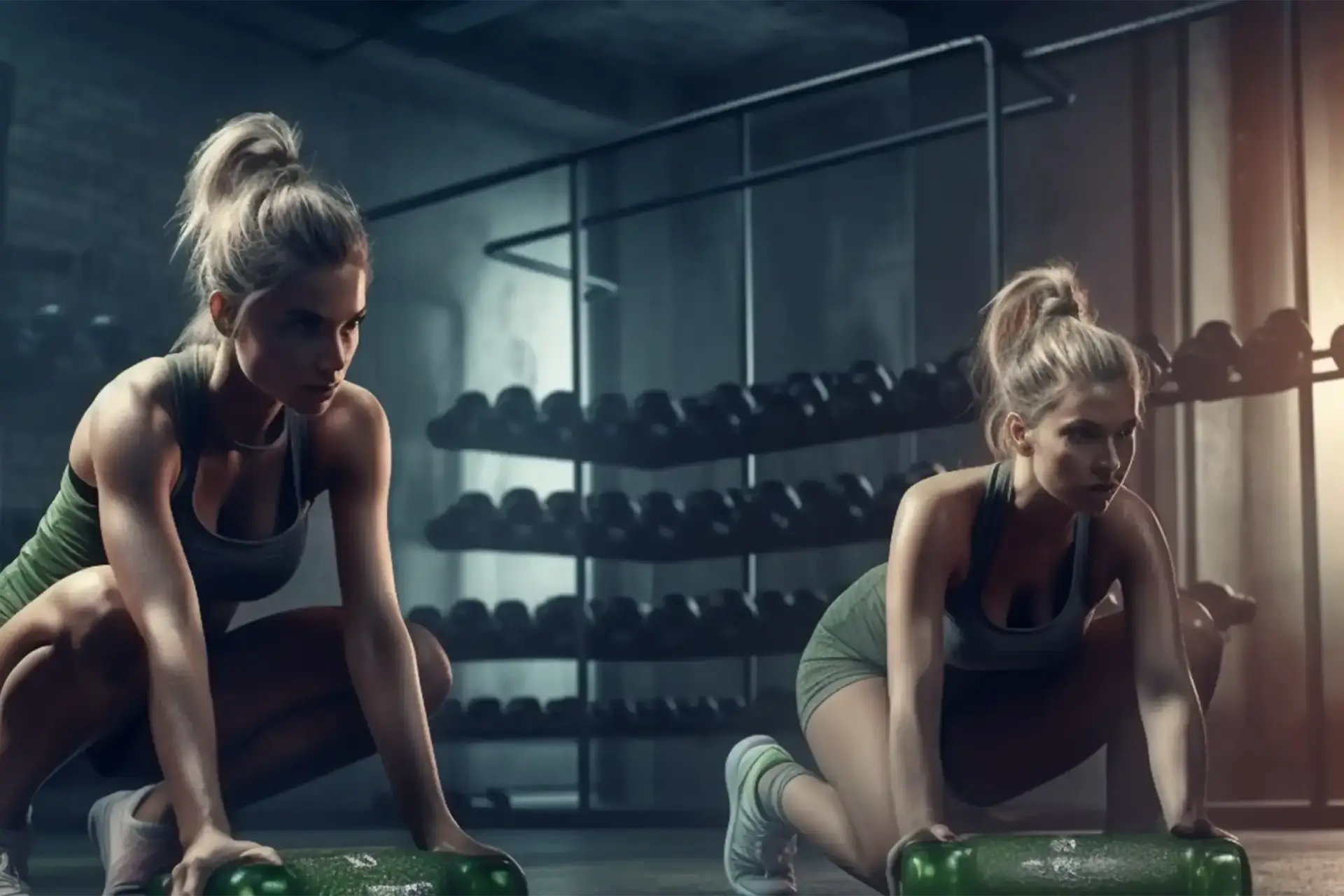 Zwei Sportlerinnen in einem Gym mit Flaschen in denen Olivenöl ist