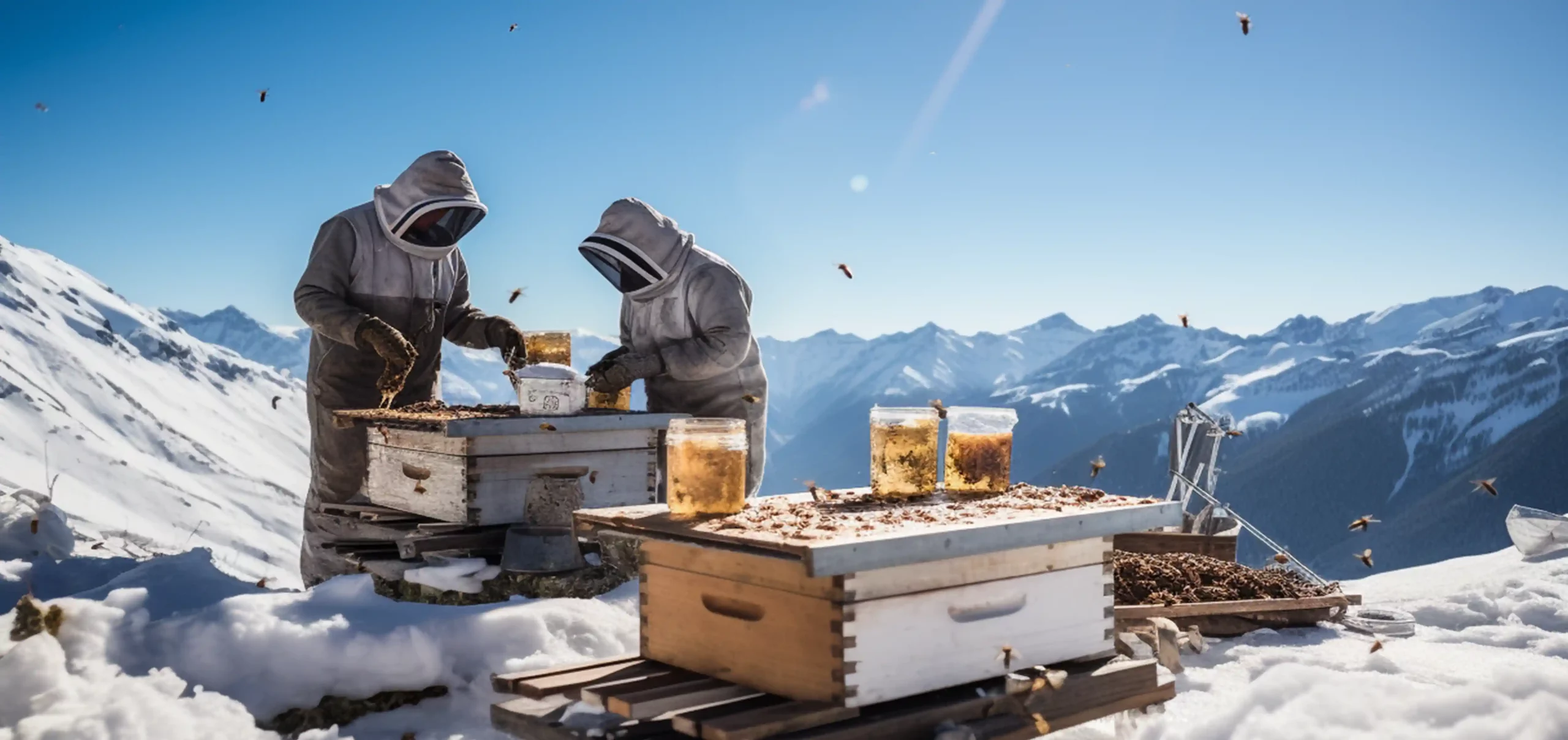 Imker im Schnee, Alpen, Vor Behältern mit Honig und Bio Honig bzw. Honigen