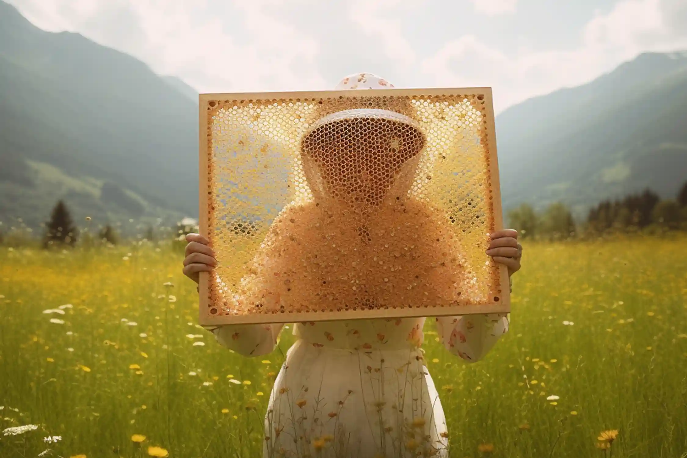 Frau mit Bienen auf der Bluse. Honigwaben kaufen wird sie nicht, aber sie scheint interessiert am Themah 'Honigwabe essen' sowie 'Honig mit Wabe'.