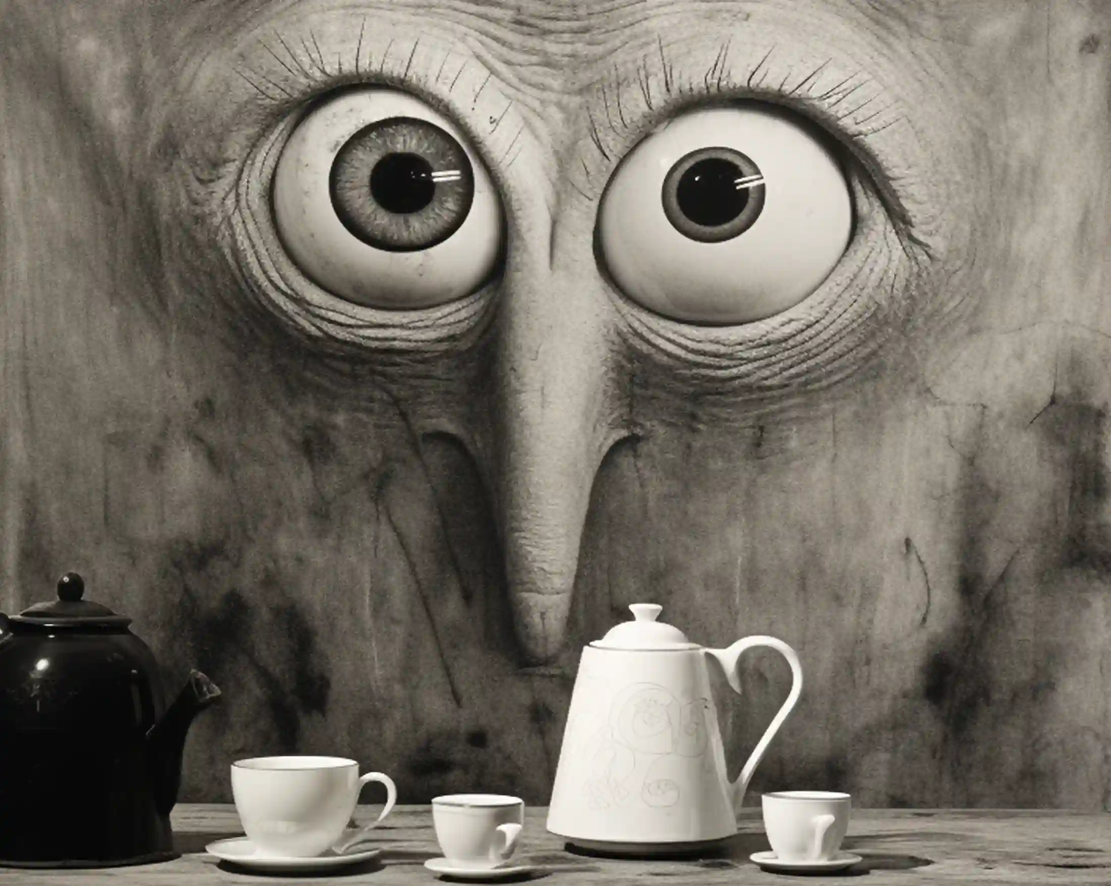 Ist Kaffee ungesund? Das Bild beantwortet die Frage, da das Gesicht depressiv reinschaut, dämonisch ist es etwas auch. Im Vordergrund stehen mehrere Kaffeetassen, welche die Frage beantworten: Wieviel Kaffee ist gesund? daher sind es drei Tassen