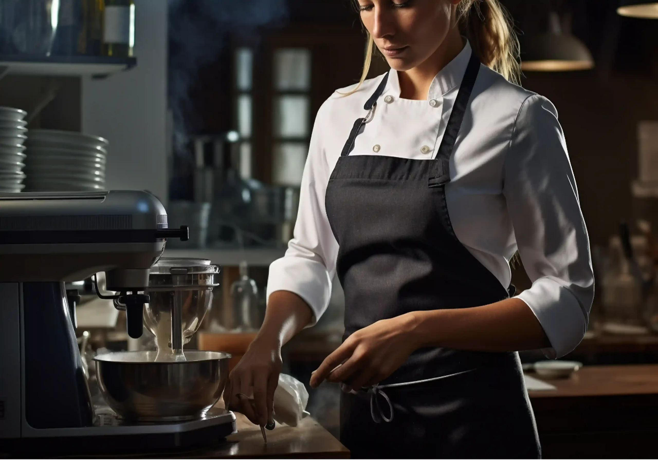 Köchin in Küche vor Thermomix testet Kaffee Mahlgrad