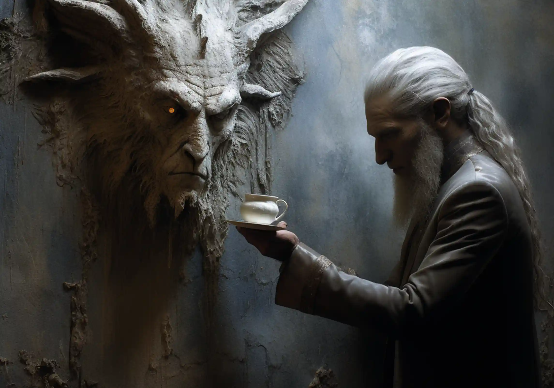 Wieviel Kaffee ist gesund? Das fragt dieser Elfe einen Dämonenkopf, der aus der Wand hervorragt.