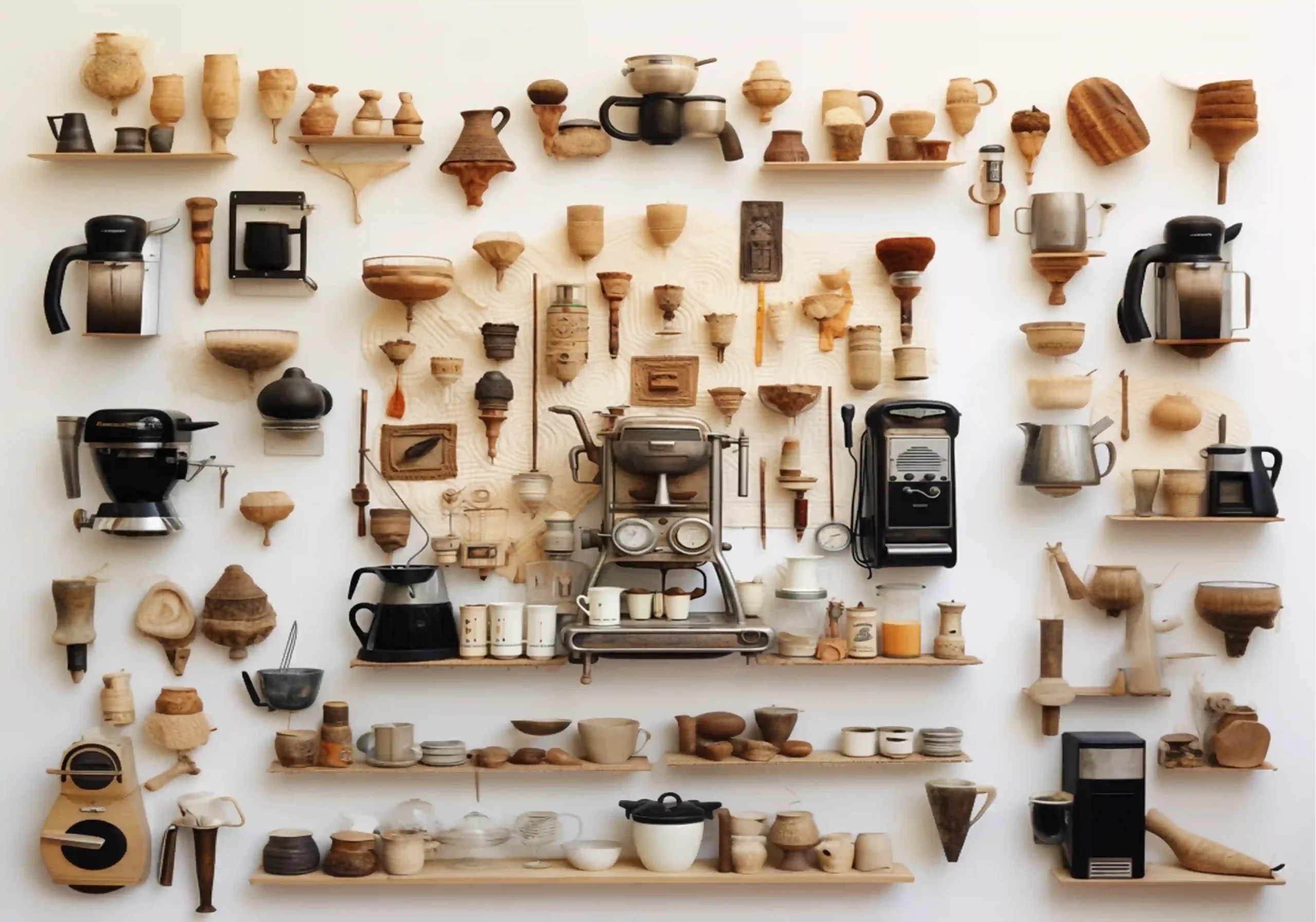 Collage aus den 50er-Jahre aus der Küche und Utensilien wie Kaffeekanne mit Filterkaffee. Tassen + Kaffeefilter, Handfilter und im Hintergrund Kaffeekaraffe