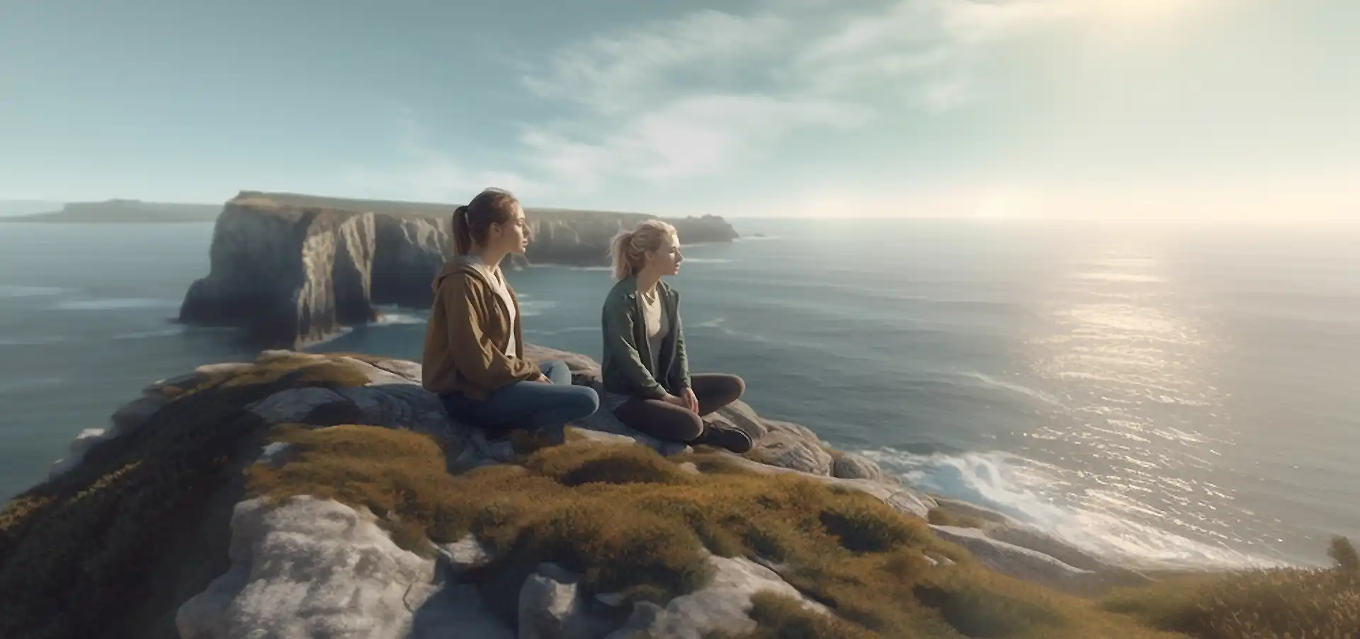 Zwei junge Frauen meditierend und spirituell auf den Klippen von Portugal, weiter Blick auf das Meer, blaugrauer Himmel