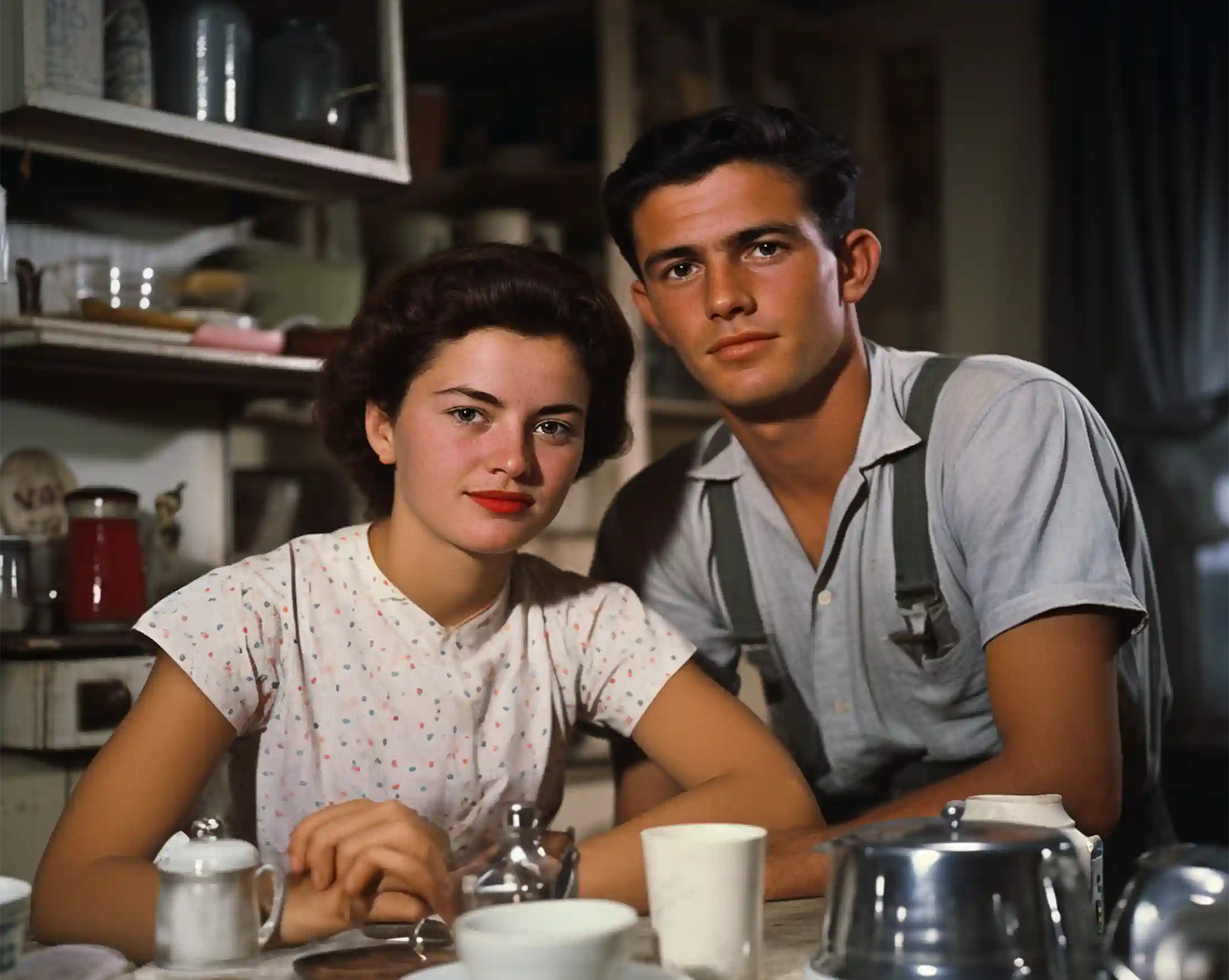 Junges Paar, USA in 50er-Jahre vor Kaffeekanne mit Filterkaffee und Tassen und Kaffeefilter, Handfilter und im Hintergrund Kaffeekaraffe