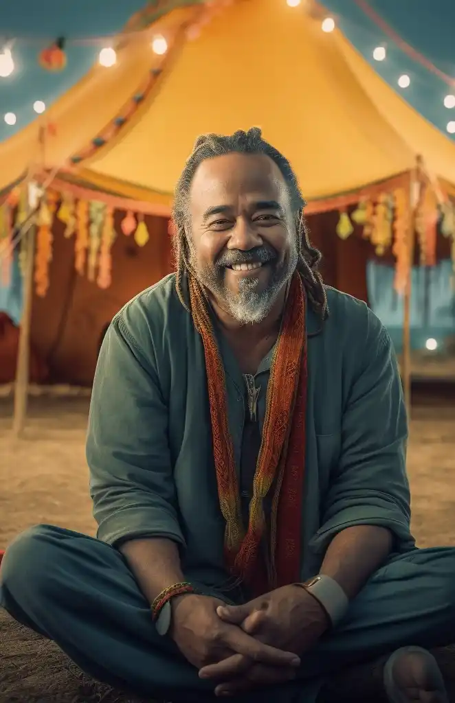 Advaita Vedanta Lehrer Mooji vor einem Zelt, nicht spirituell sondern locker lächelnd.
