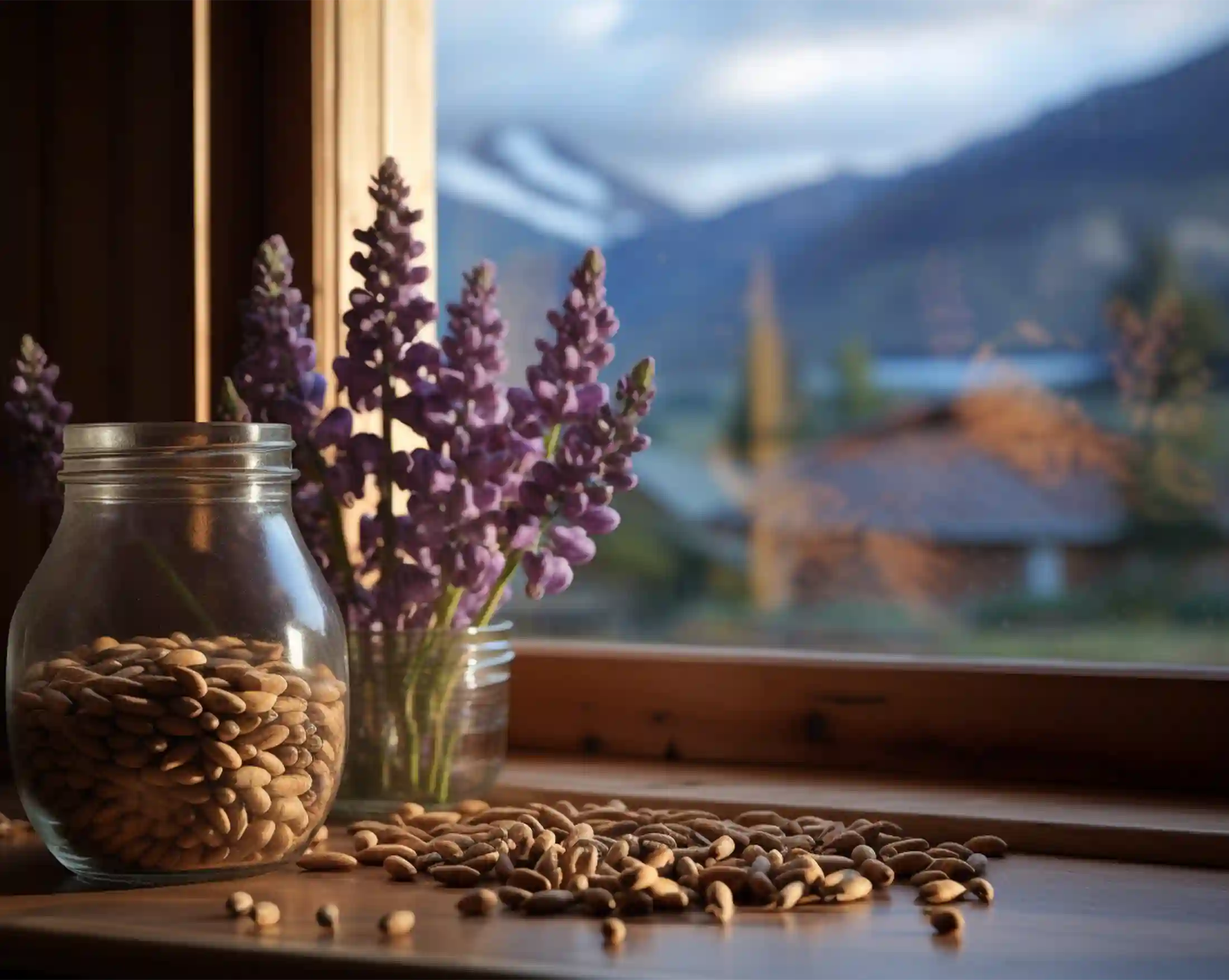 Lupinen Kaffee auf Fensterbank, Ausblick in Bergwelt