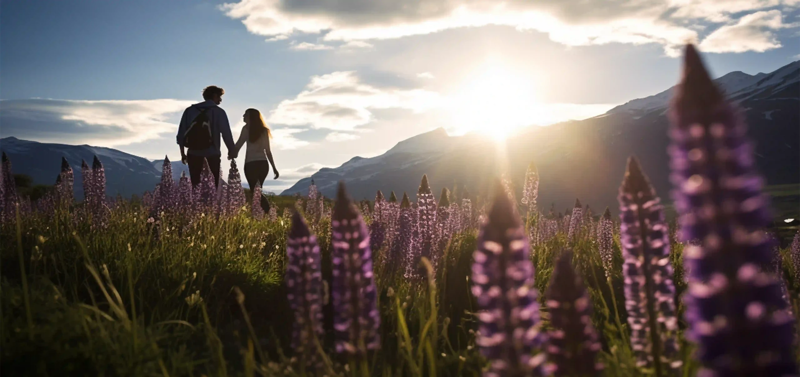 Romantische Paar wandert Sonnenuntergang durch Bergwelt, Vordergrund ist eine Aufforderung Lupinenkaffee kaufen