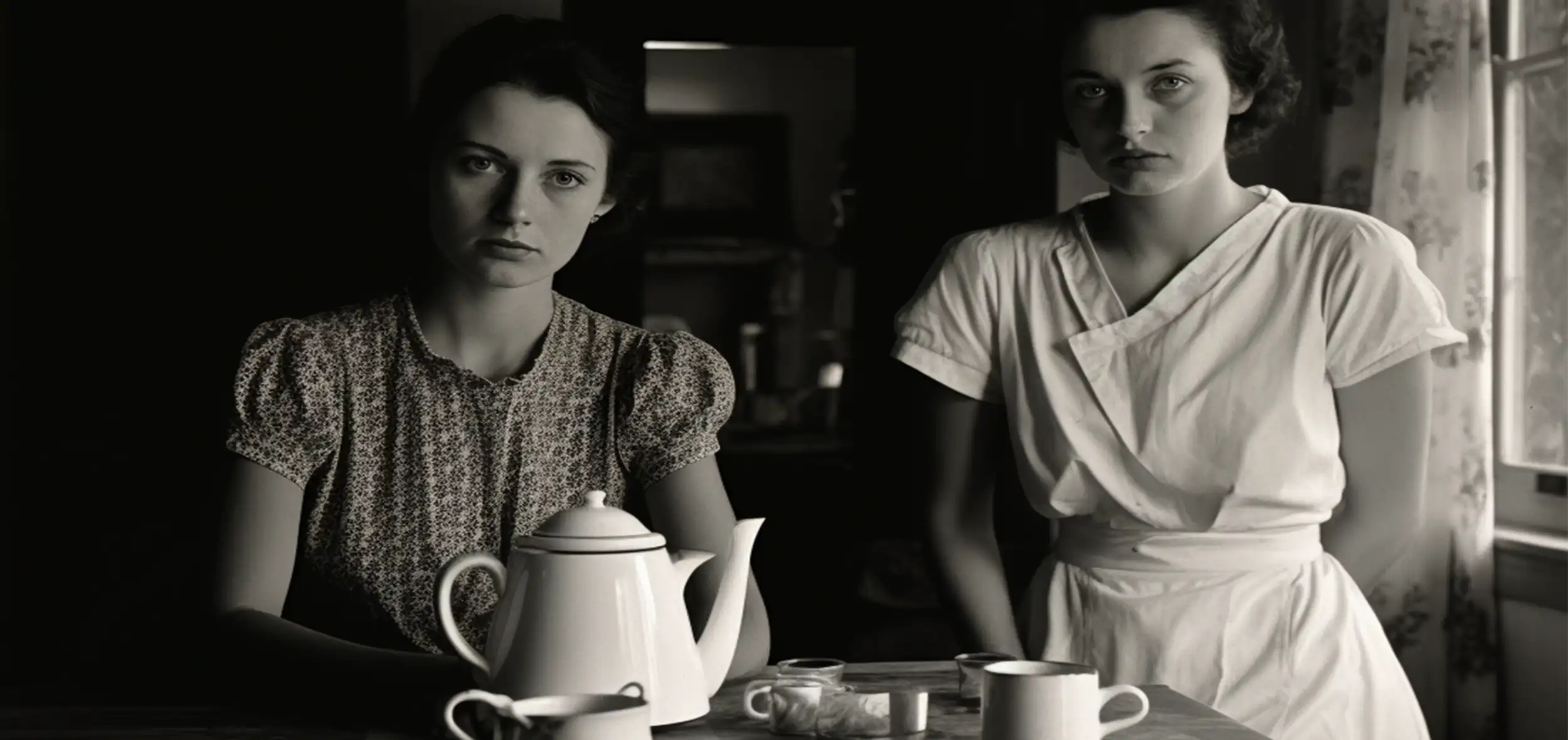 Zwei Frauen in 50er-Jahre Küche, vor Kaffeekanne mit Filterkaffee und Tassen sowie Kaffeefilter, Handfilter und im Hintergrund Kaffeekaraffe