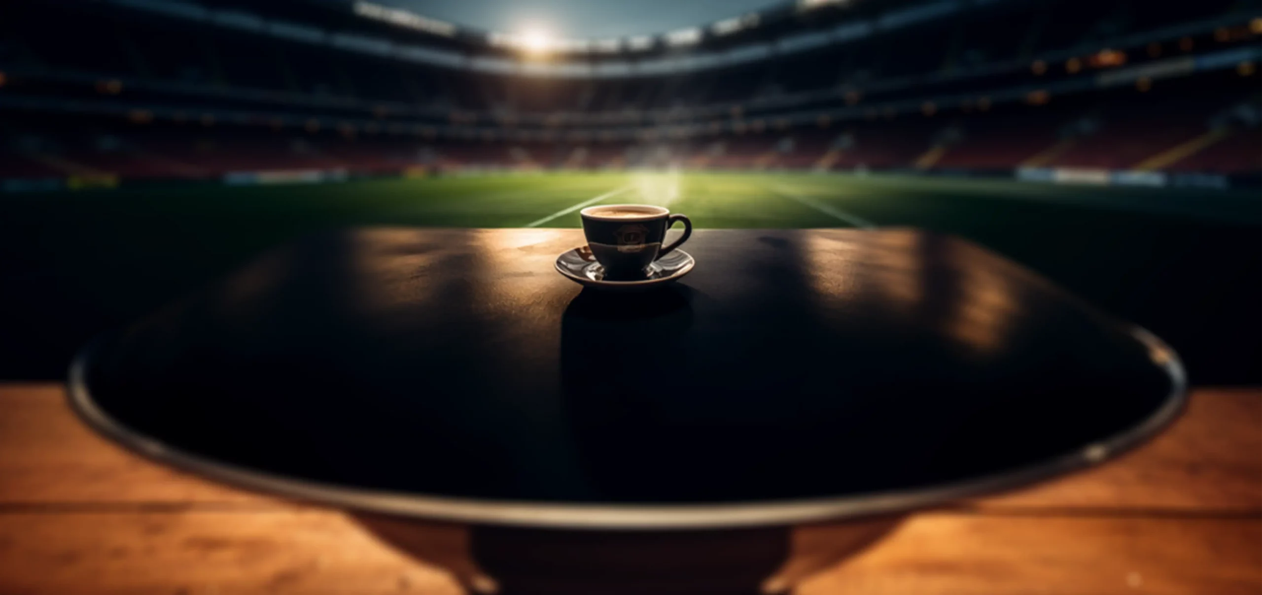 Symbolbild für Malzkaffee gesund, Espressotasse steht auf rundem Tisch am Rand eines Fußballstadions.