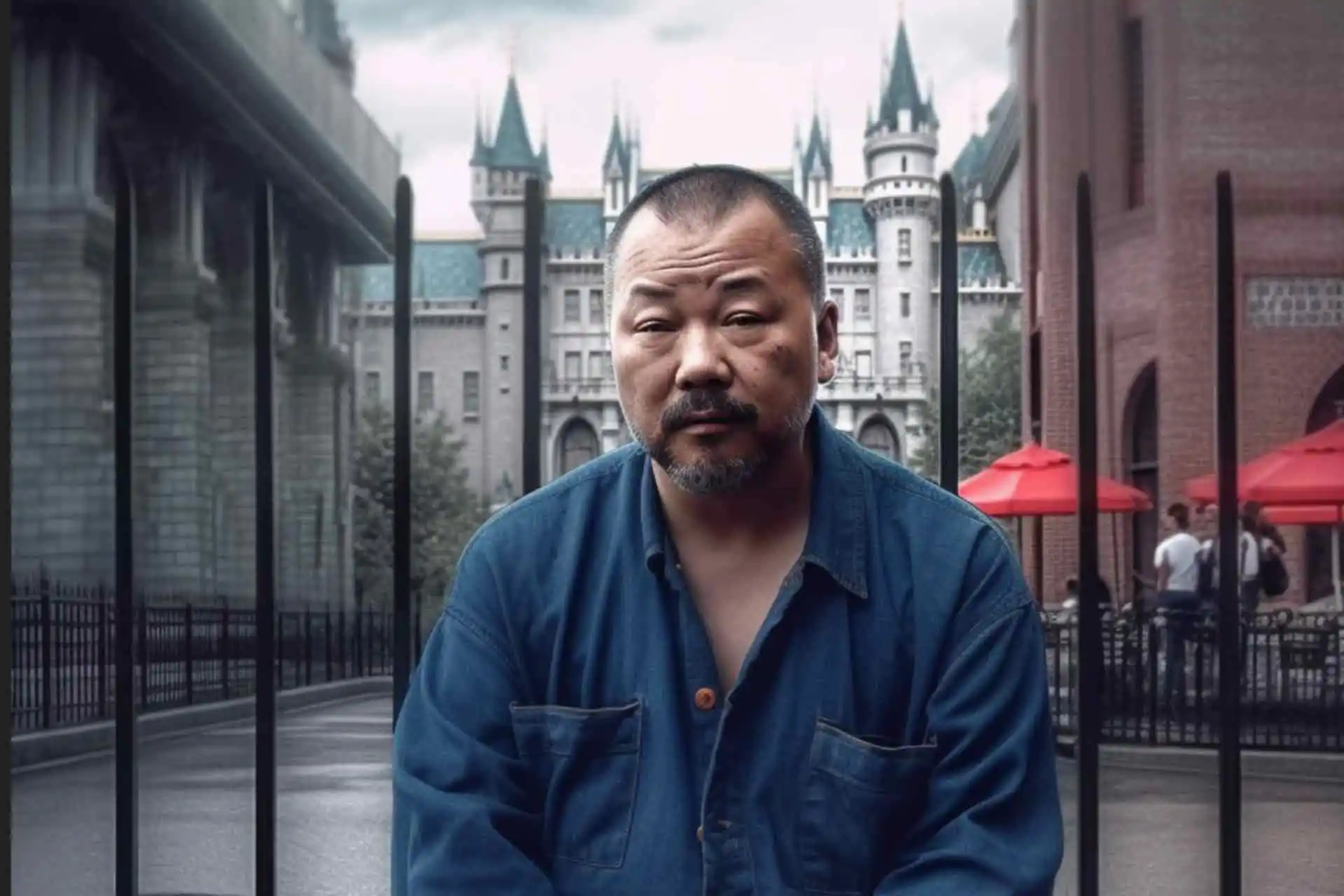 Ai Weiwei, Künstler aus China, in der Pandemie vor einem Schloss vor Walt Disney Park
