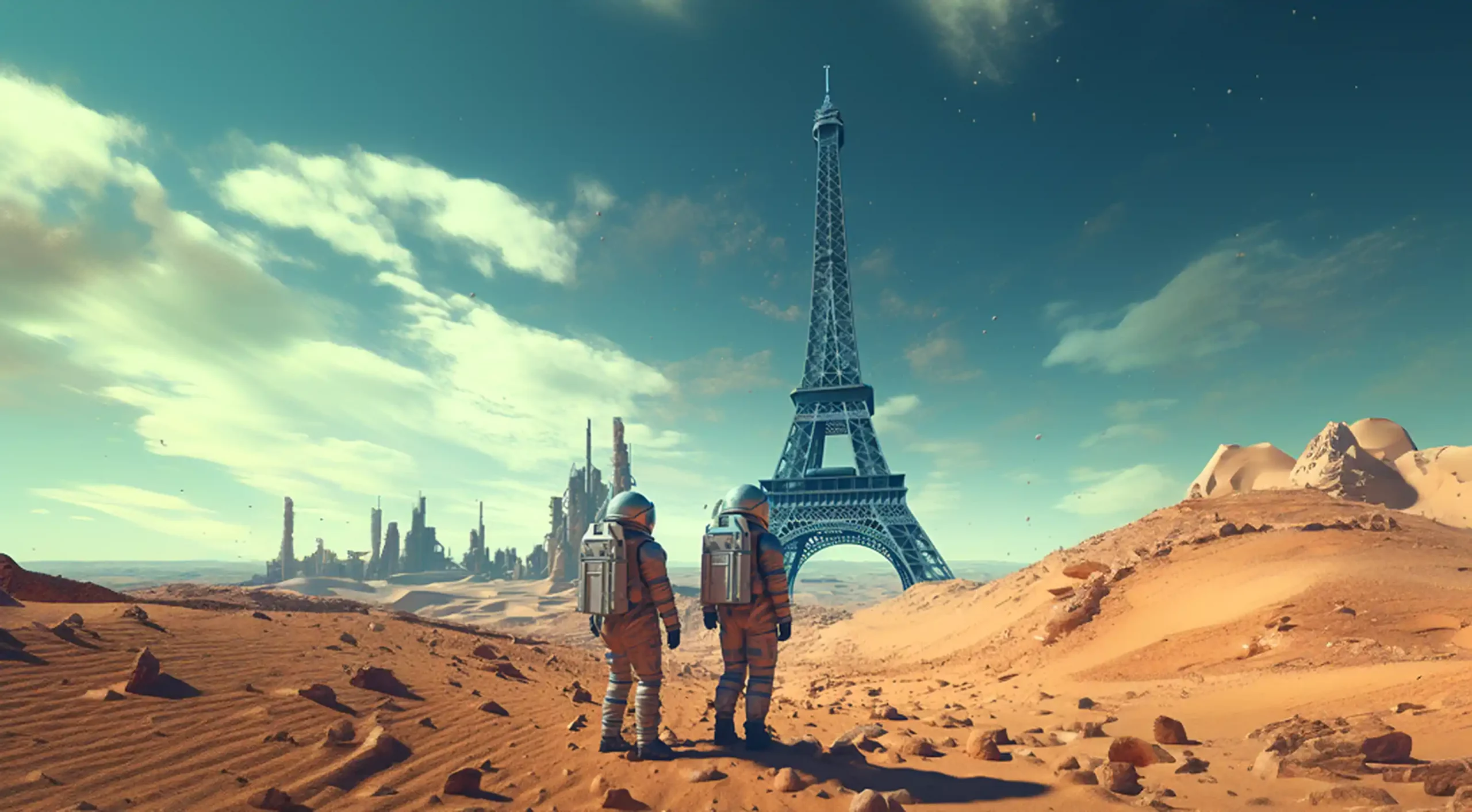 Astronauten die eigentlich von Beruf Soziologe sind in einer Wüstenlandschaft mit Eiffelturm aus Frankreich. Eine Art Studie zur Soziologie