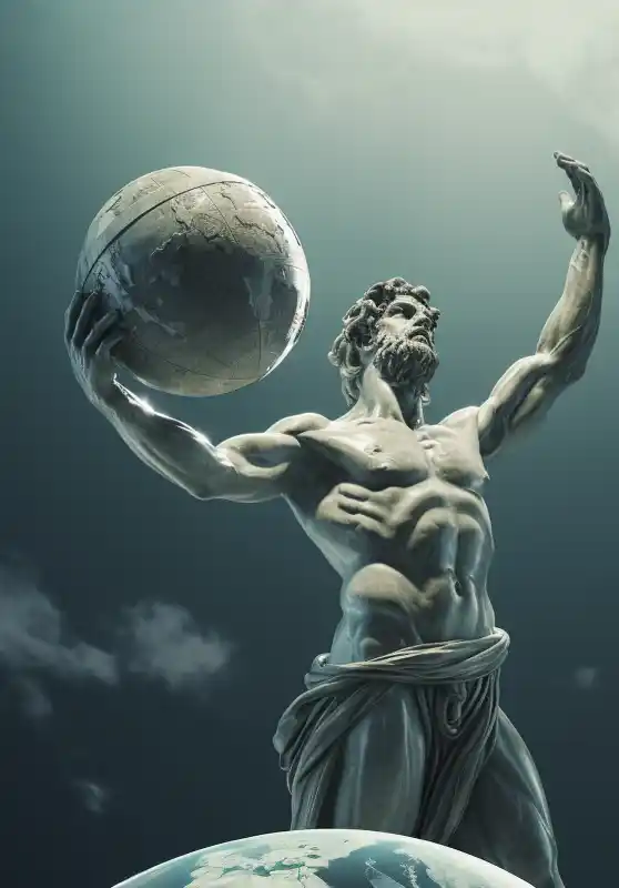 Atlas als Fritjof Capra trägt die Weltkugel, welche die Gaia Theorie der New-Age-Bewegung verkörpert