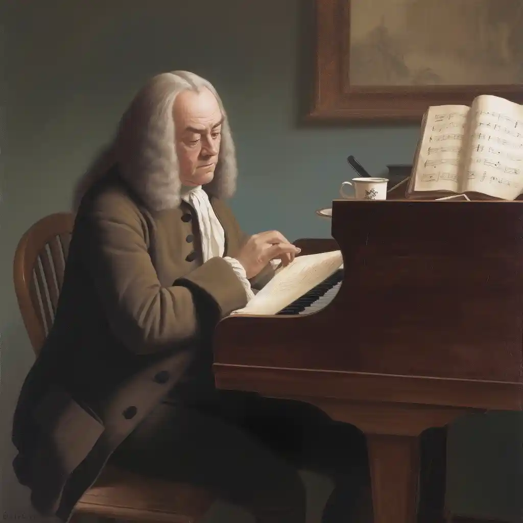 Bach am Schreibtisch mit einer Tasse Kaffee, Zeichnung, er studiert Noten oder Kaffee Wissen
