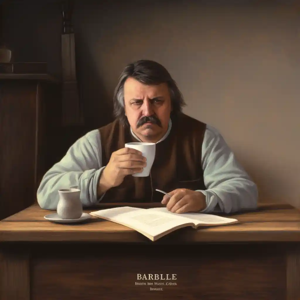 Balzac am Schreibtisch mit einer Tasse Kaffee, trinkend, er studiert und verbessert sein Kaffee Wissen