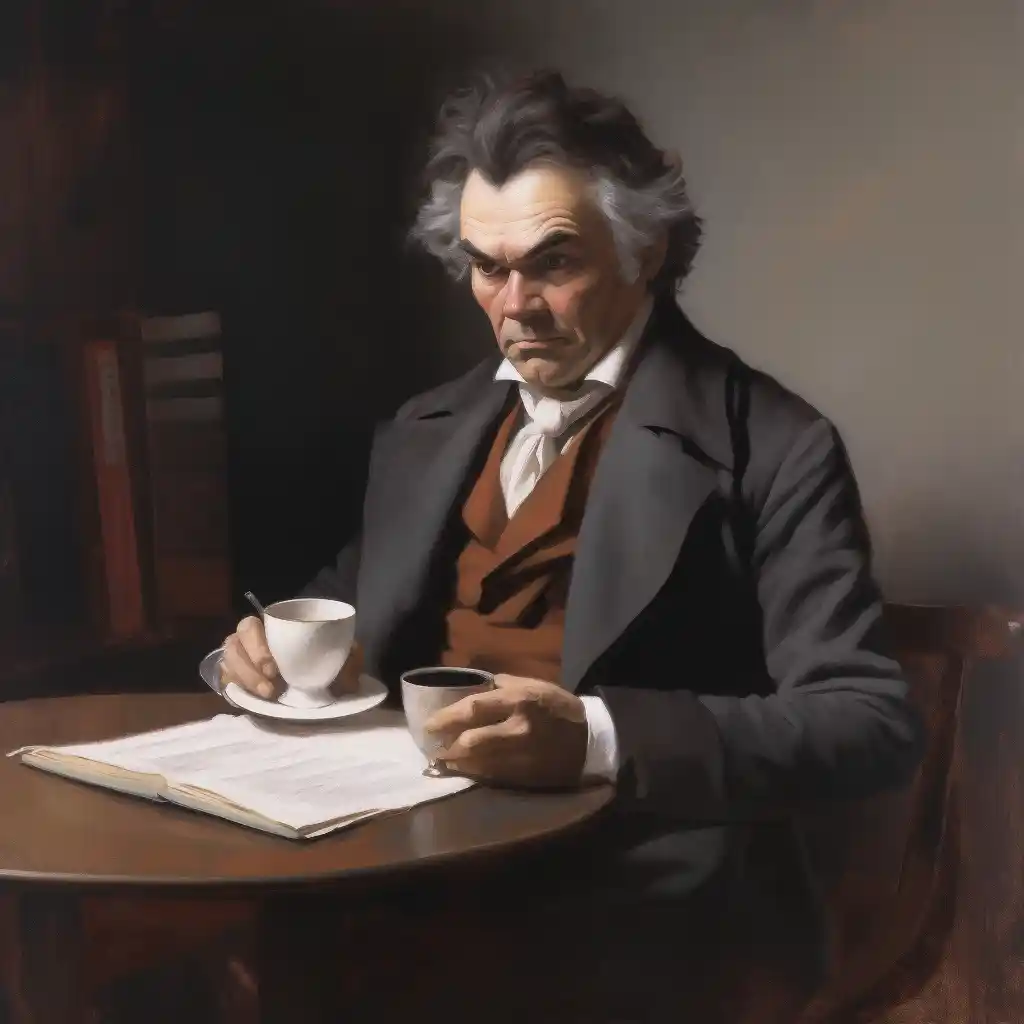 Beethoven am Schreibtisch mit zwei Tassen Kaffee, Zeichnung, er studiert Noten oder Kaffee Wissen