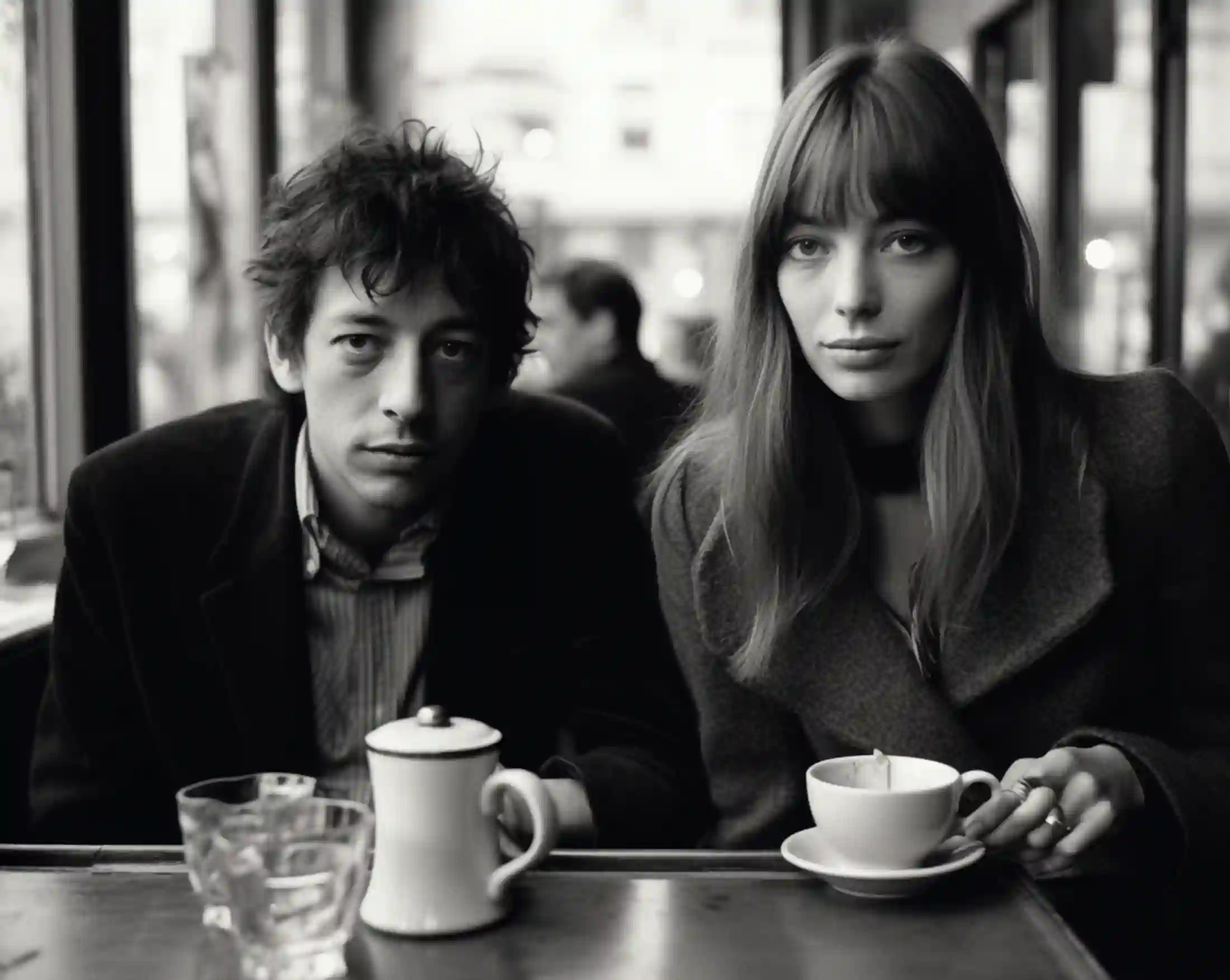 Zwei berühmte Franzosen in einem Cafe bzw, Kaffeehaus in Frankreich, Hippiezeit
