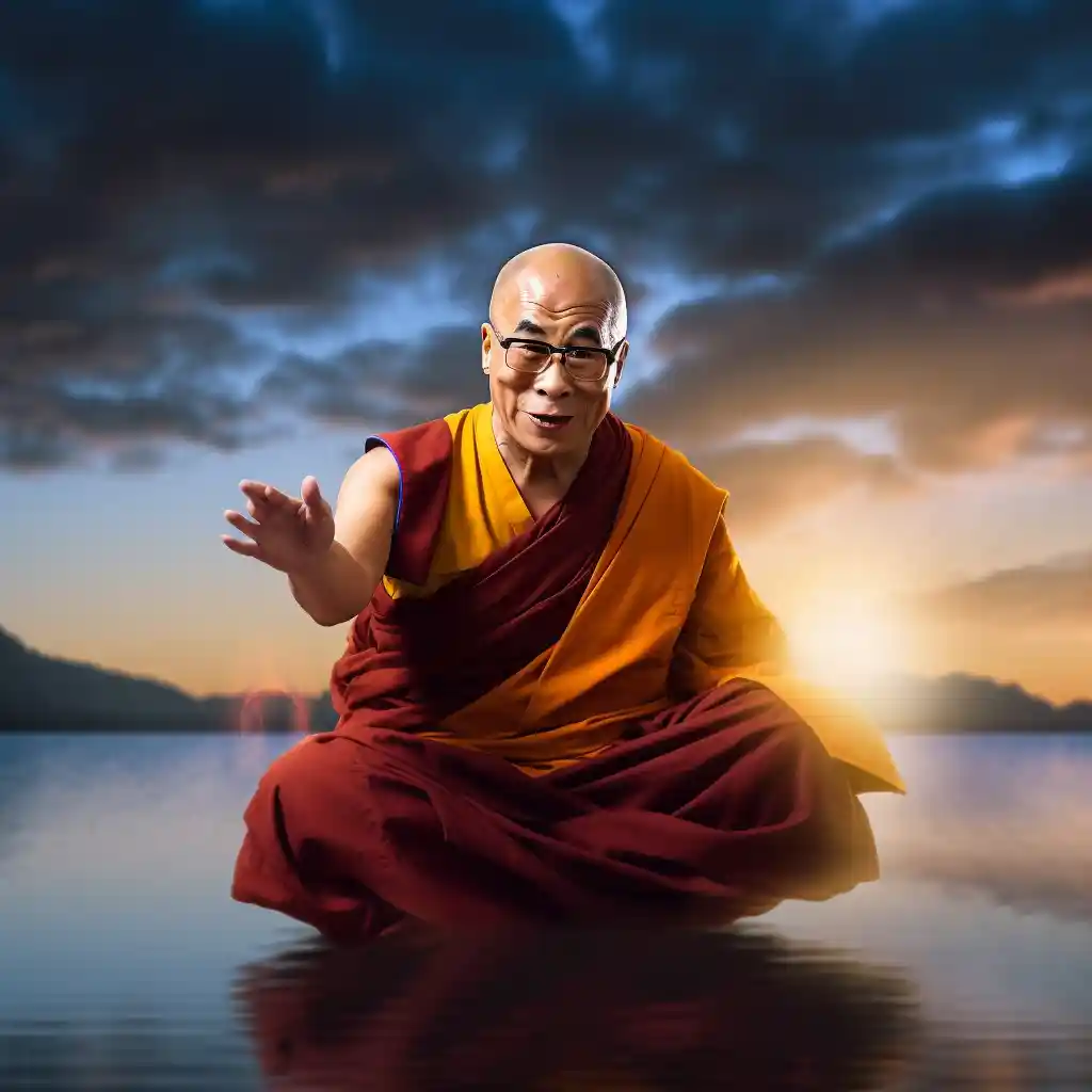Dalai Lama schwebend über einem See und segnend wie im Buddhismus von Tibet typisch