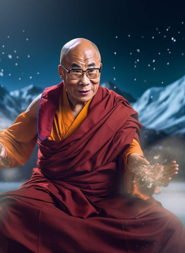 Dalai Lama sitzend in einem Tal und segnend wie im Buddhismus von Tibet typisch