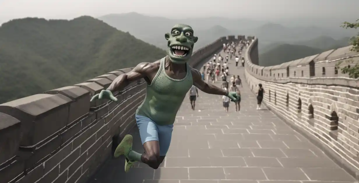 Verrückte Figur mit grünem Gesicht rennt über die chinesische Mauer. Ironisches Bild im Stil von Ai Weiwei, Künstler aus China, in der Pandemie.